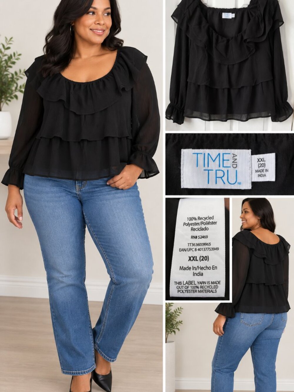 NWT Time and Tru XXL 20 Black Tiered Ruffle Blouse Sheer Sleeve